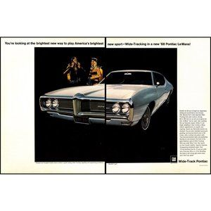 1968 Pontiac LeMans Coupe 2 Page Vintage Print Ad Scuba Diving Black Bikini Art